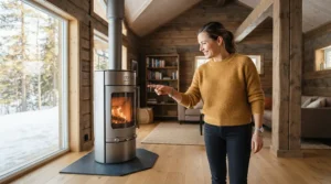 An expert inspecting a high efficiency wood burning sauna stove during a performance review