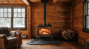 A traditional wood burning sauna stove installed inside a cosy timber garden log cabin in the UK