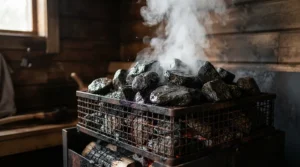 A wood burning sauna stove loaded with heavy volcanic rocks to create intense steam