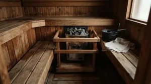 A compact wood burning sauna stove correctly sized for a small backyard cabin layout
