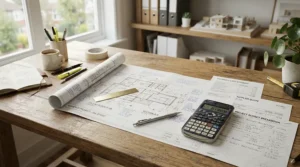 Notebook and calculator near timber samples, illustrating budget planning for wood burning saunas