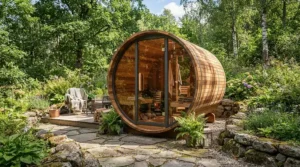 A circular outdoor cabin showing wood burning saunas styled as contemporary cylindrical structures