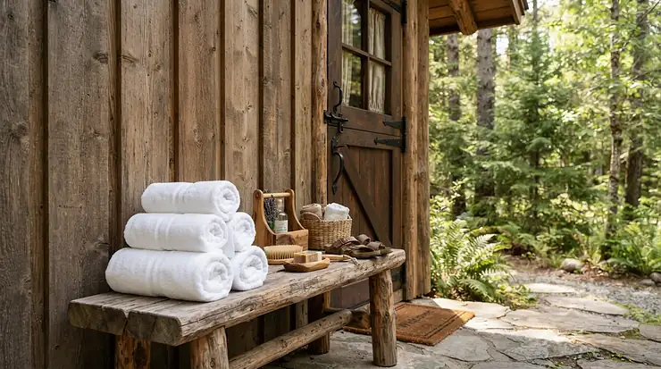 Towels and flip-flops outside the entrance of popular wood burning saunas in a suburban yard