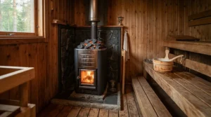 Glowing stones inside a cast iron heater inside one of the luxury wood burning saunas