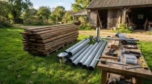 Unassembled timber panels and metal flue components for wood burning saunas being built at home