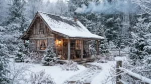 Steam rising from a frost-covered wooden stove cabin, typical of wood burning saunas in chilly weather